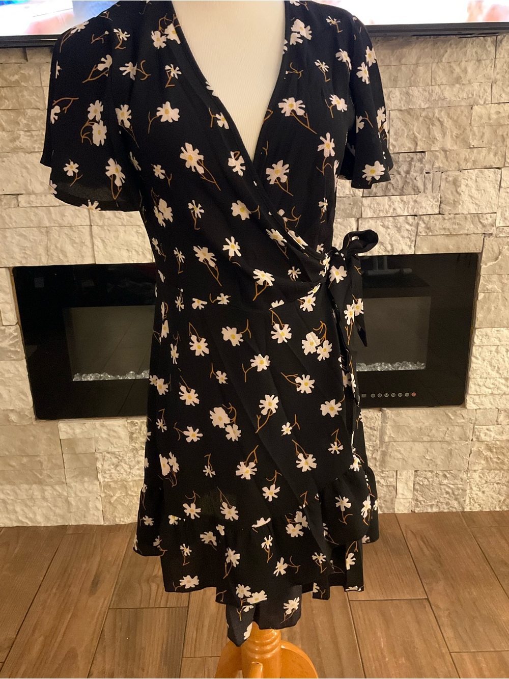 Black Floral Wrap Dress with White Daisies Size S